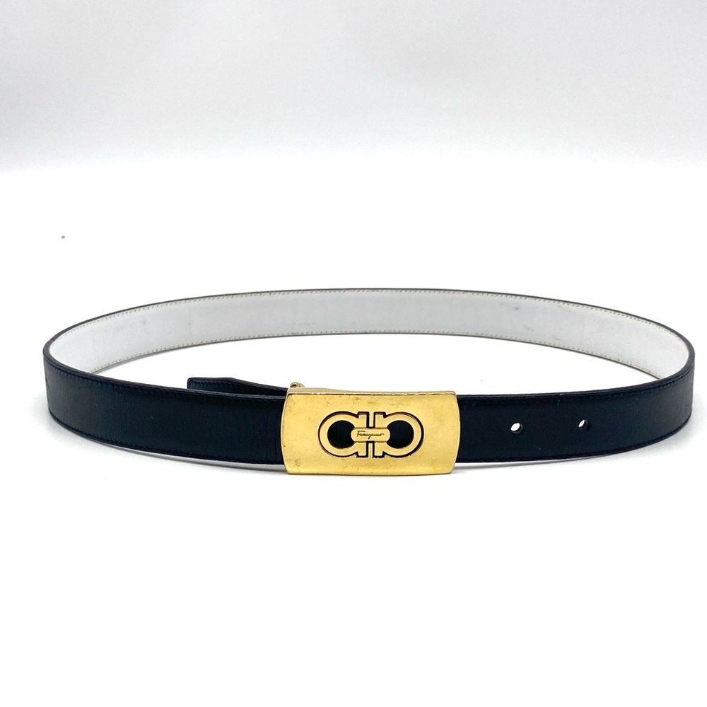 SALVATORE FERRAGAMO Gancini Logo Skinny Belt Black White Leather Gold Buckle XS